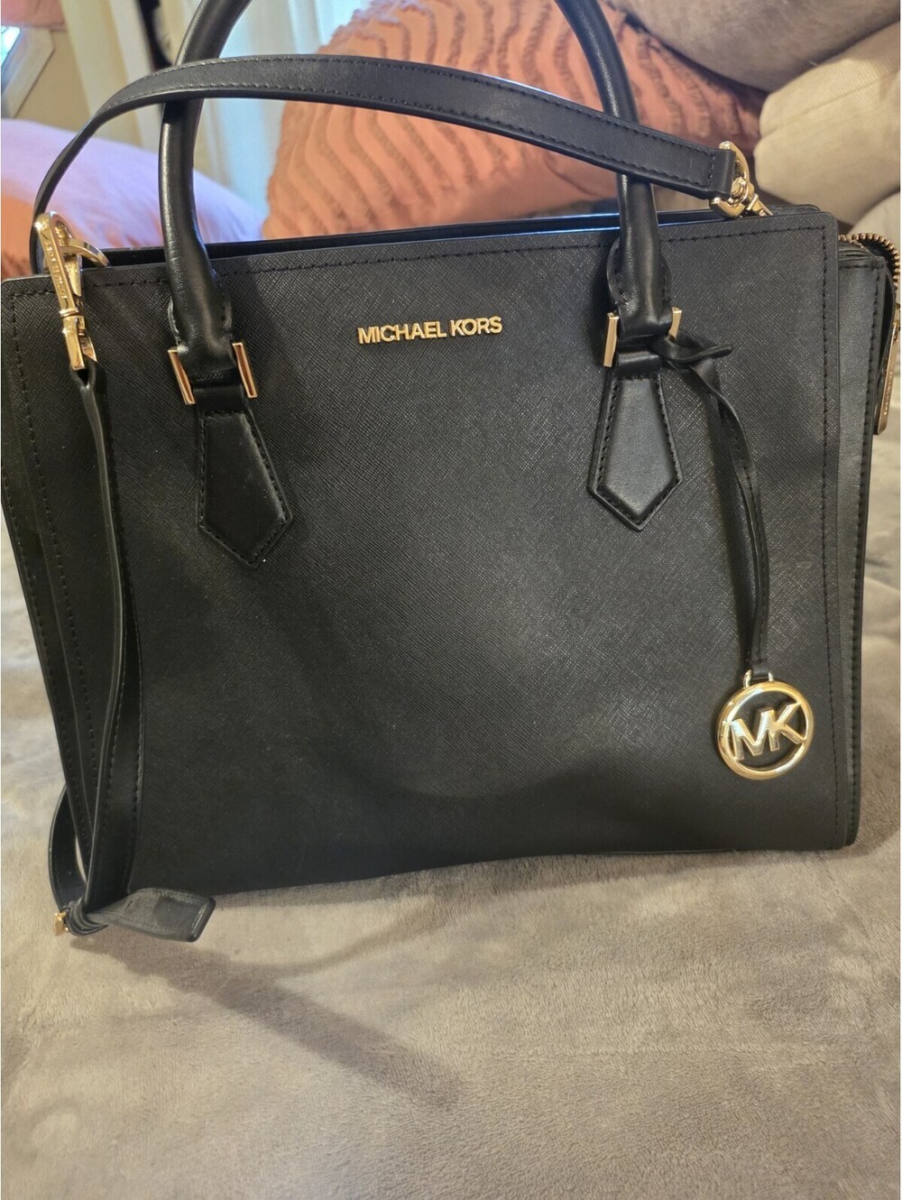 Michael Kors Black Leather Satchel/Top Handle Bag with Gold Hardware